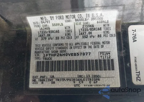 1997 Ford F-250 Xl from USA, damaged, VIN 1FTHF26H0VEB57077